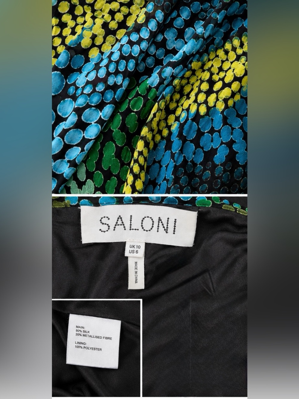SALONI Silk Blend Mock Neck Sleeveless Maxi Dress Blue Green Abstract Print SZ6 - Picture 5 of 9